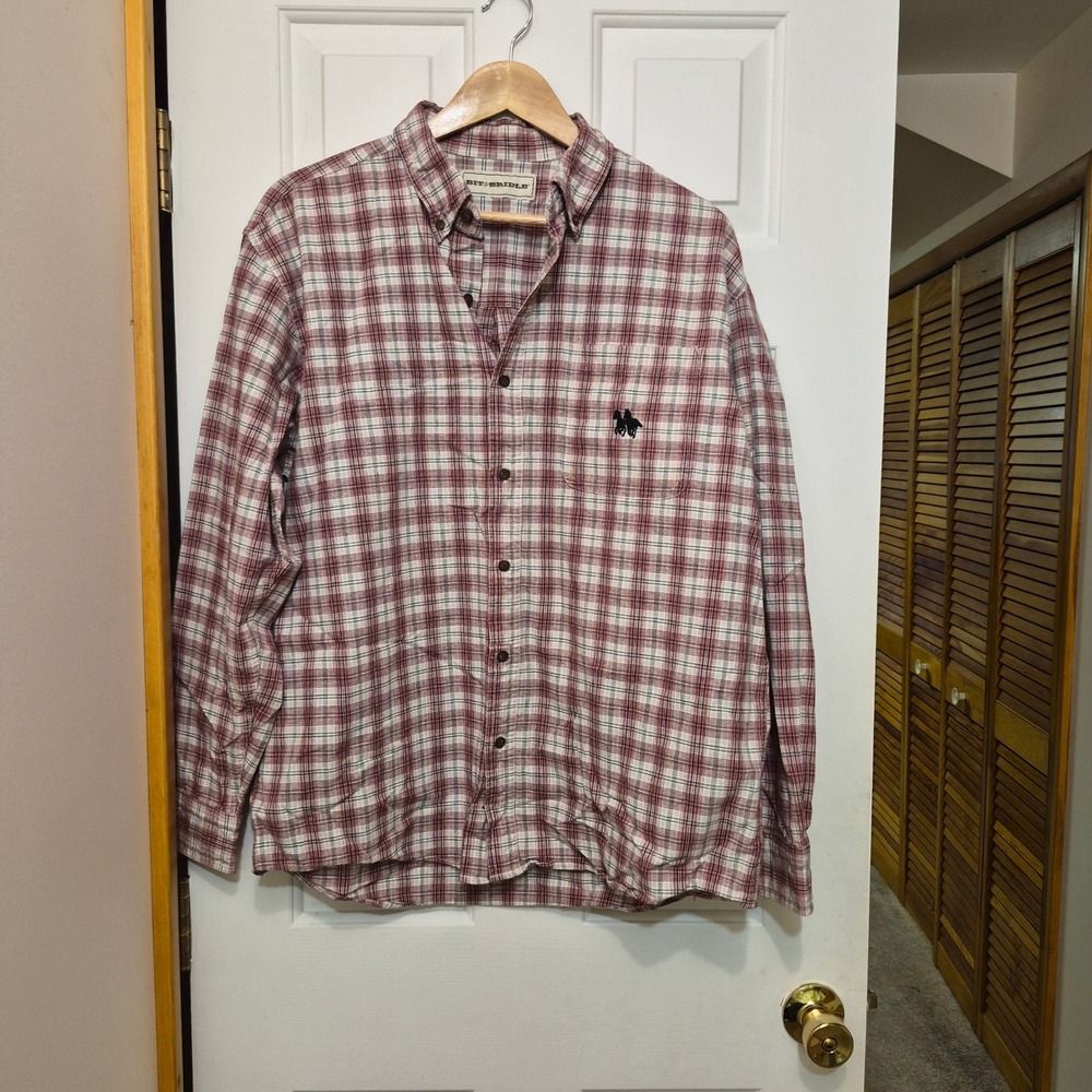 Bit & Bridle Mens Large Red Plaid Cotton Long Sleeve Button Up Horse Logo Shirt